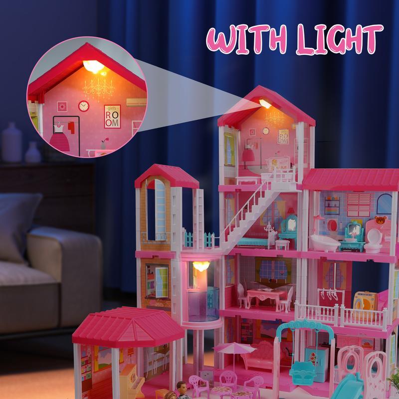 Huge Dollhouse With Elevator And Light,Doll Toy Figures Playhouse With 359 PCS,Christmas Birthday Gifts ,Pink