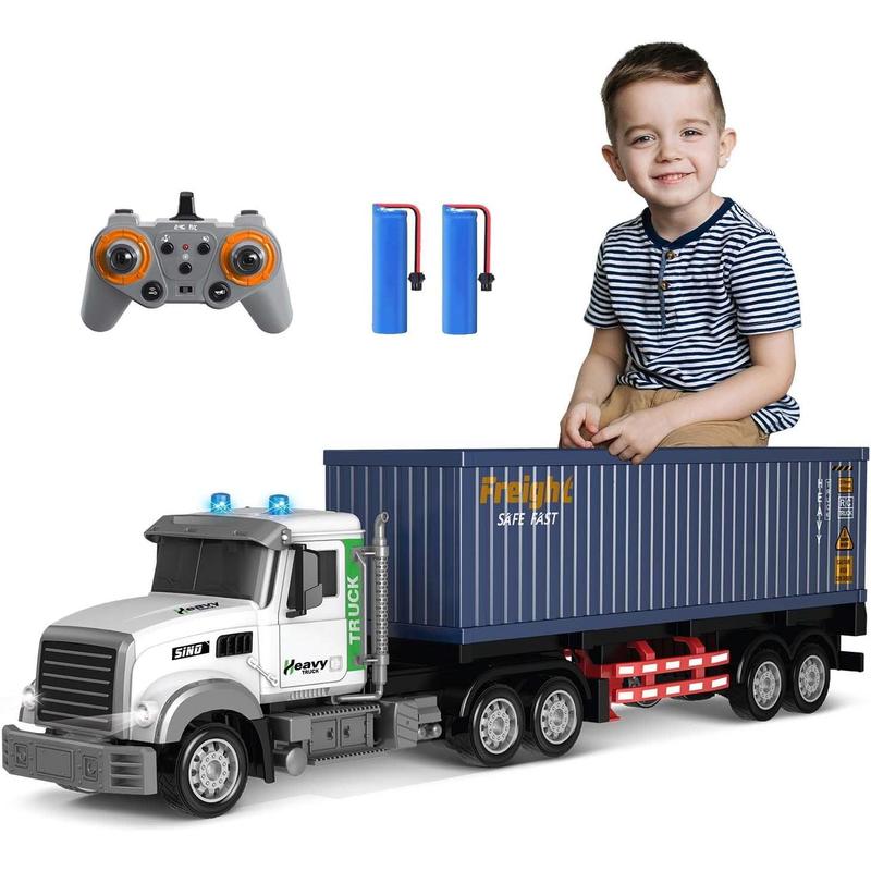 Remote Control Semi Truck with Trailer - 23.6 Inch 9-Channel RC Semi Truck Toy for Kids, 1:24 Container Truck with 2 Batteries, Van Transport Vehicle with Lights & Music, Great Gift for Boys Girls