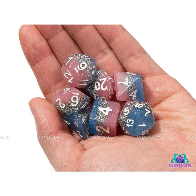 Starstreak | Baby Blue and Baby Pink Layers, Silver Rainbow Glitter | Resin Dice Set (7)