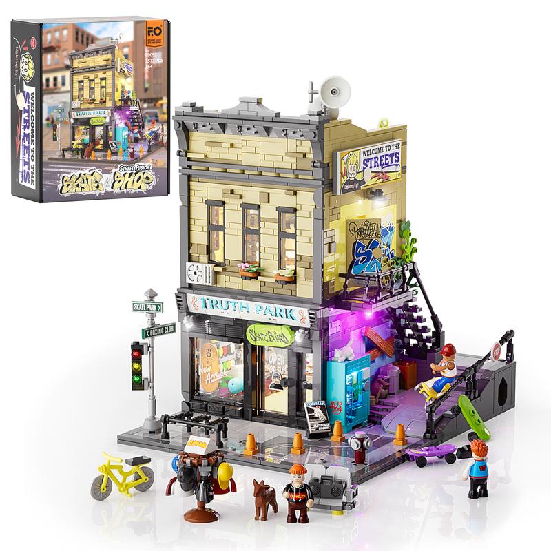 Funwhole Street Skate Shop ,1573 Pcs Lighting Building-Bricks Set - Street Fusion City Skate Store Collection LED Light Modular Building Kit  Holiday Gift for Adults and Teen