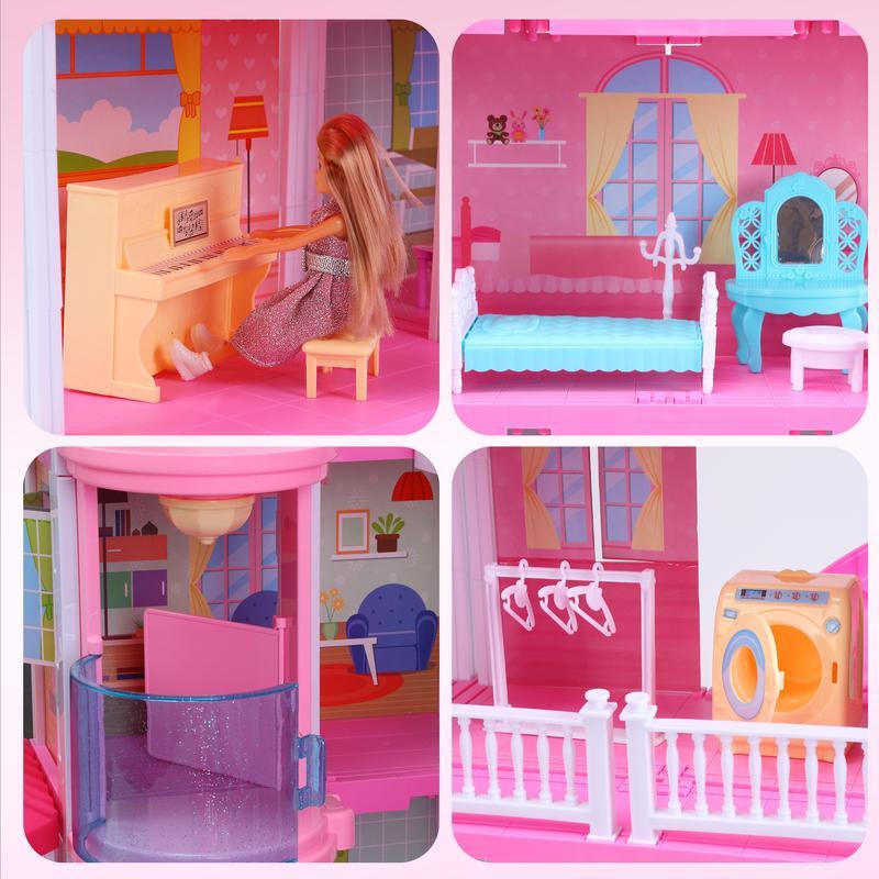 Huge Dollhouse With Elevator And Light,Doll Toy Figures Playhouse With 359 PCS,Christmas Birthday Gifts ,Pink