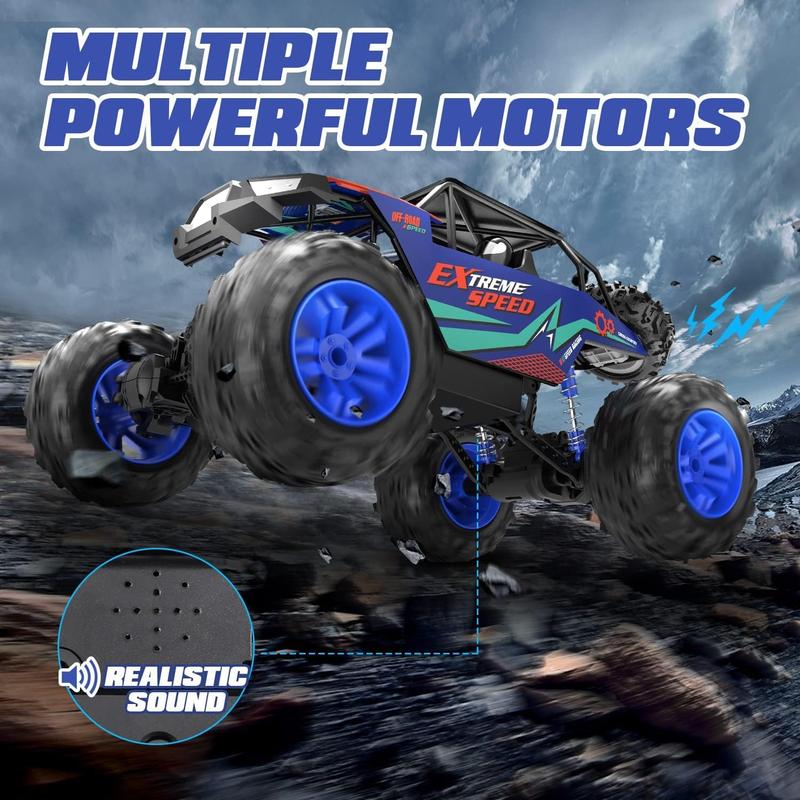 DE60 Large 1:8 Scale Upgraded RC Car, Off-Road Monster Truck with Realistic Sound, 2.4GHz 4WD Rock Crawler, All-Terrain Climbing, 2 Batteries for 80 Minutes of Play