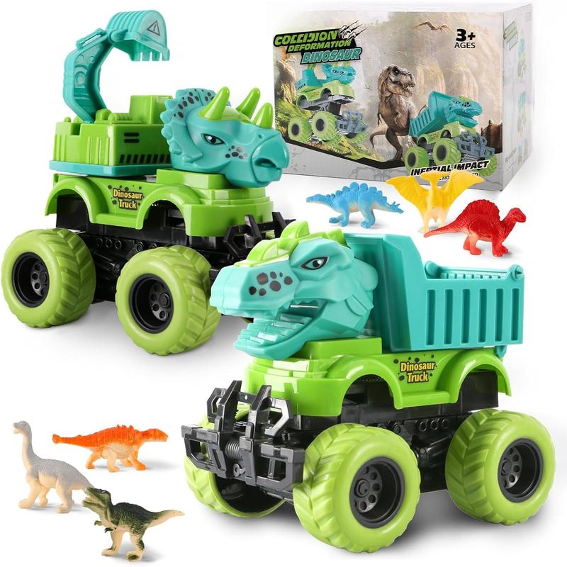 Monster Truck Toys for 2 3 4 5 Year Old Boys Gifts, 2 Pack-Dinosaur Toys for Kids 3-5 with 6 Mini Small Dinosaur Toys, Ideal Monster Trucks for Toddlers 2-4 Years Christmas Birthday Gifts