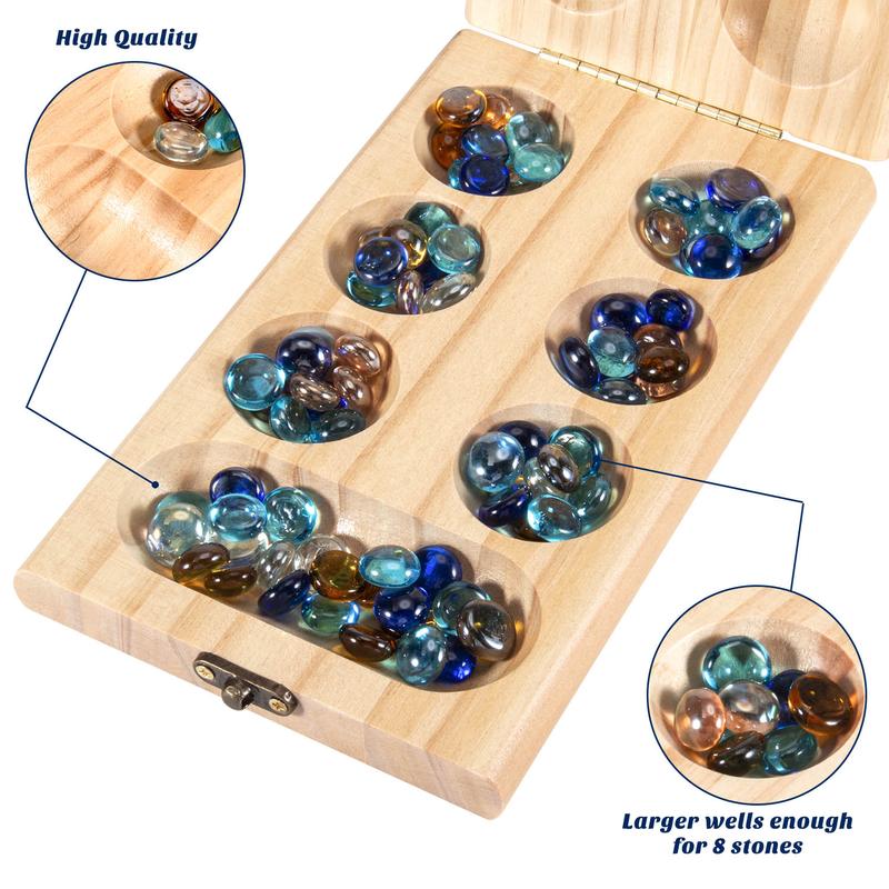 AMEROUS Wooden Mancala Board Game Set - Folding Board - 72+8 Bonus Multi Color Glass Stones - Gift Package - Mancale Instructions, Portable Travel Board Game for Kids and Adults