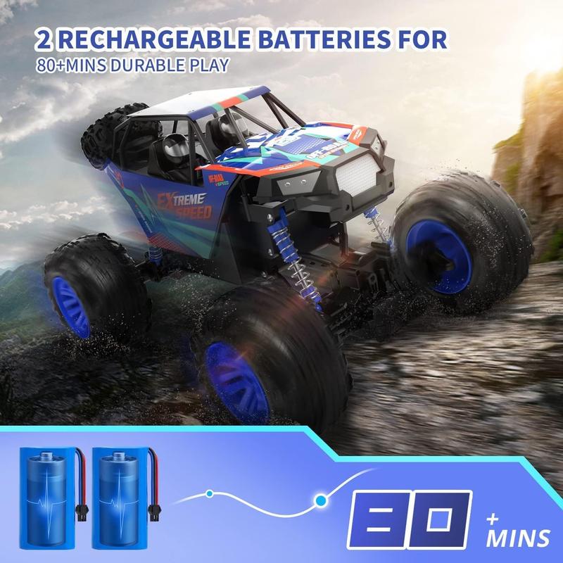 DE60 Large 1:8 Scale Upgraded RC Car, Off-Road Monster Truck with Realistic Sound, 2.4GHz 4WD Rock Crawler, All-Terrain Climbing, 2 Batteries for 80 Minutes of Play