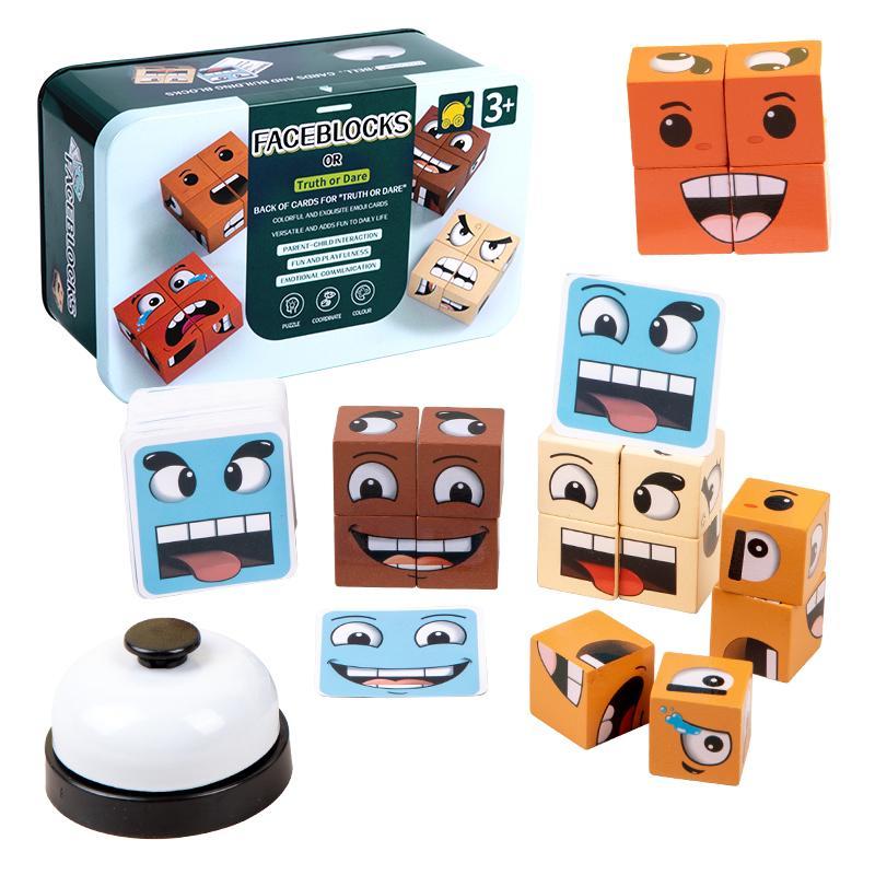 Face-Changing Cube Building Blocks Wooden Expressions Matching Block Board Games for Family Night Pu