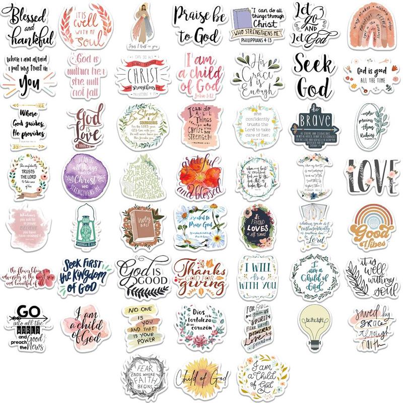 Jesus Phrase Pattern Sticker (52pcs), Self Adhesive Decorative Sticker, DIY Decal for Water Bottle, Laptop, Phone Case, Scrapbook, Journal Making