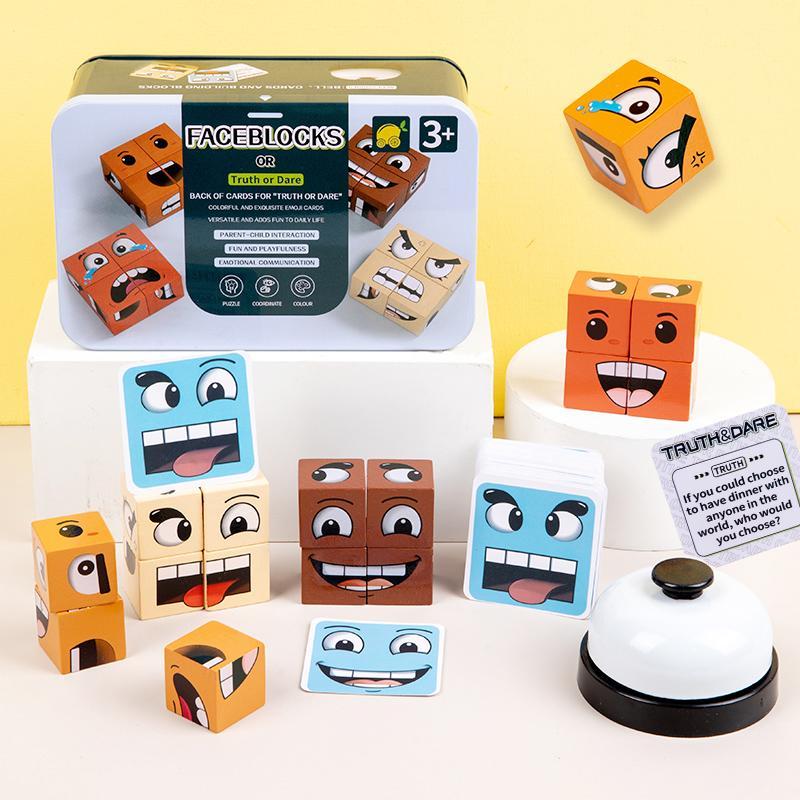 Face-Changing Cube Building Blocks Wooden Expressions Matching Block Board Games for Family Night Pu