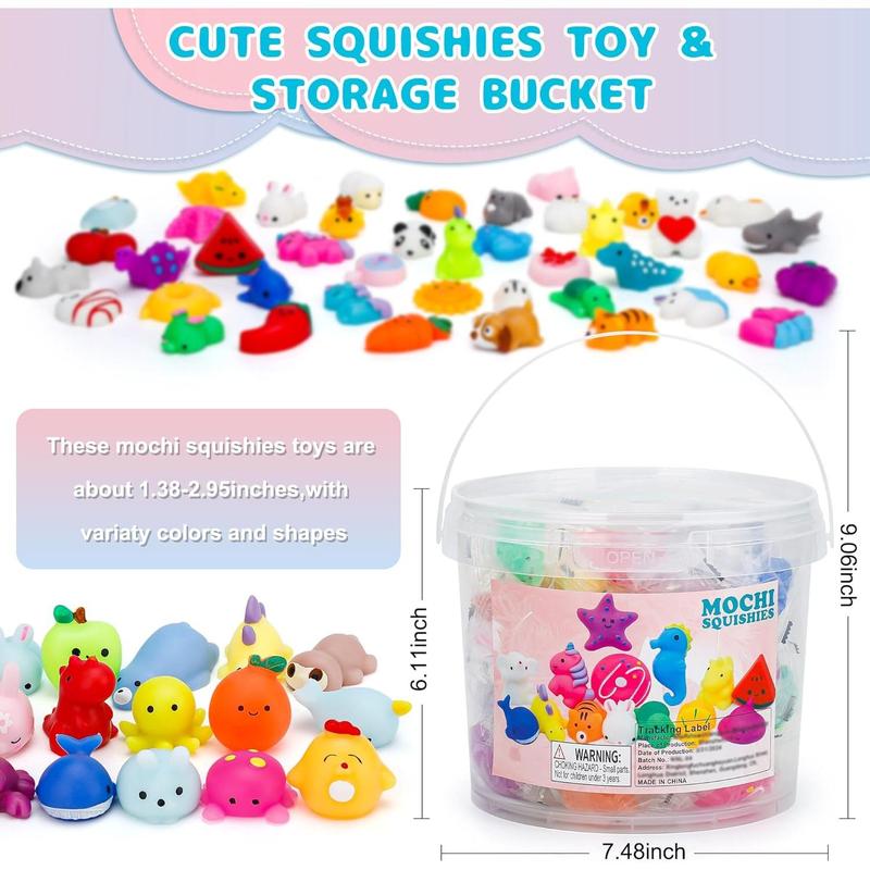 100 Pack Mochi Squishies Toys Set, Fun and Cute Party Favors for Kids,Stress Relief Toys,Treasure Box Toys for Classroom Prizes,Goodie Bags Fillers with Storage Bucket