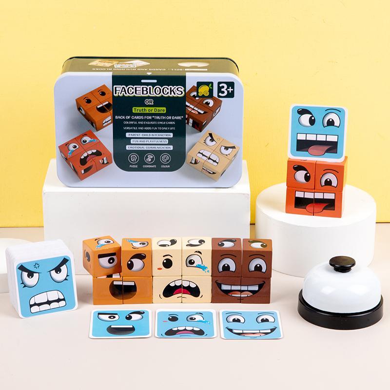 Face-Changing Cube Building Blocks Wooden Expressions Matching Block Board Games for Family Night Pu