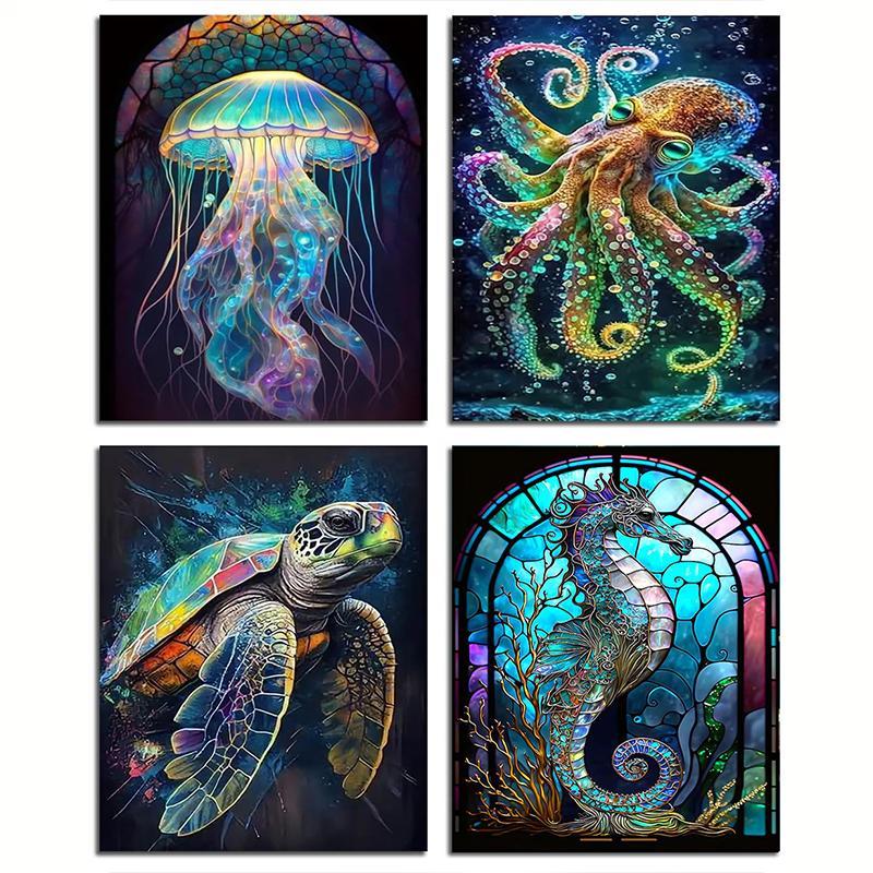 Marine Life Pattern DIY Diamond Arts Painting Kit without Frame, 4 Counts set DIY 5D Diamond Arts Colorful Painting Kit, Wall Art Decor for Home