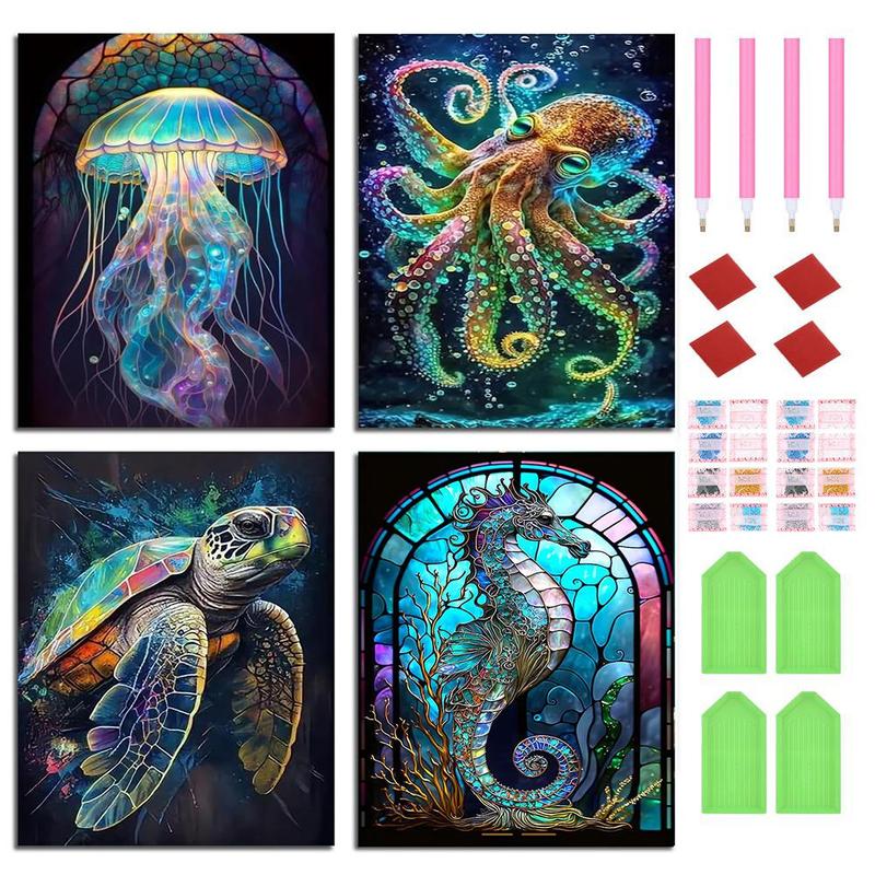 Marine Life Pattern DIY Diamond Arts Painting Kit without Frame, 4 Counts set DIY 5D Diamond Arts Colorful Painting Kit, Wall Art Decor for Home