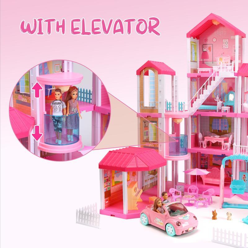 Huge Dollhouse With Elevator And Light,Doll Toy Figures Playhouse With 359 PCS,Christmas Birthday Gifts ,Pink