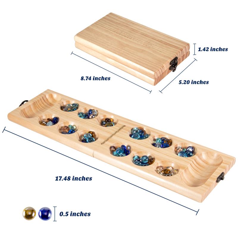 AMEROUS Wooden Mancala Board Game Set - Folding Board - 72+8 Bonus Multi Color Glass Stones - Gift Package - Mancale Instructions, Portable Travel Board Game for Kids and Adults