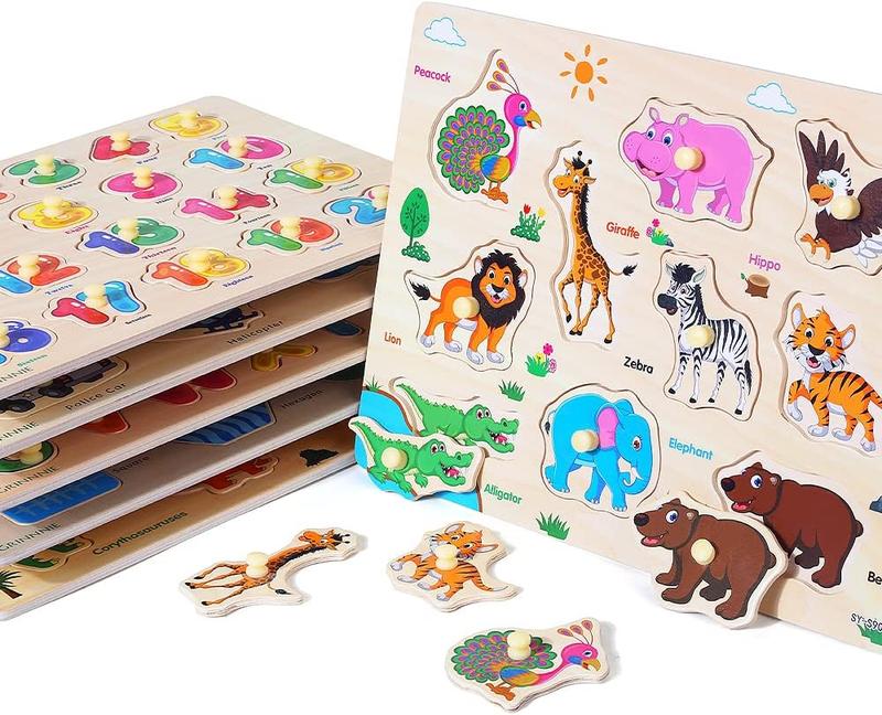 Christmas gift 6-Pack Wooden Peg Puzzle Set for Toddlers Alphabet, Animal, Dinosaur & Vehicle Educational Toys for Preschool Learning