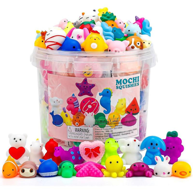 100 Pack Mochi Squishies Toys Set, Fun and Cute Party Favors for Kids,Stress Relief Toys,Treasure Box Toys for Classroom Prizes,Goodie Bags Fillers with Storage Bucket