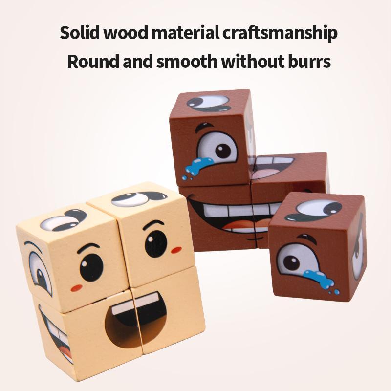 Face-Changing Cube Building Blocks Wooden Expressions Matching Block Board Games for Family Night Pu