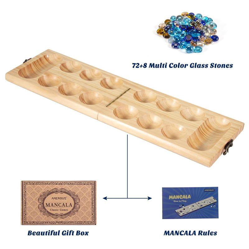 AMEROUS Wooden Mancala Board Game Set - Folding Board - 72+8 Bonus Multi Color Glass Stones - Gift Package - Mancale Instructions, Portable Travel Board Game for Kids and Adults