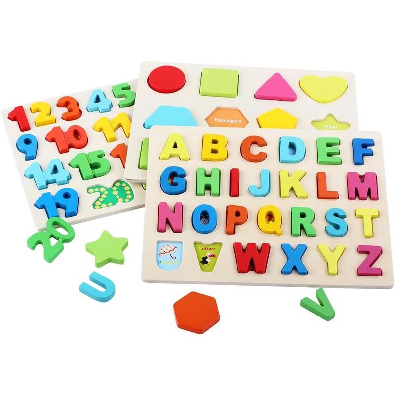 Wooden Puzzles for Toddlers, Wooden Alphabet Number Shape Puzzles Toddler Learning Puzzle Toys for Kids, 3 in 1 Puzzle for Toddlers, Age 3+ (Set of 3)