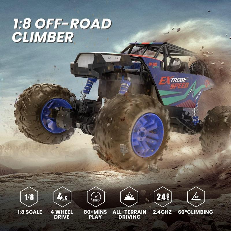 DE60 Large 1:8 Scale Upgraded RC Car, Off-Road Monster Truck with Realistic Sound, 2.4GHz 4WD Rock Crawler, All-Terrain Climbing, 2 Batteries for 80 Minutes of Play