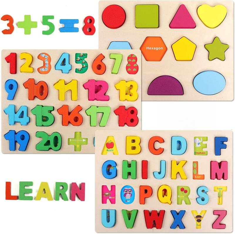 Wooden Puzzles for Toddlers, Wooden Alphabet Number Shape Puzzles Toddler Learning Puzzle Toys for Kids, 3 in 1 Puzzle for Toddlers, Age 3+ (Set of 3)