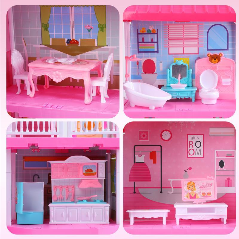 Huge Dollhouse With Elevator And Light,Doll Toy Figures Playhouse With 359 PCS,Christmas Birthday Gifts ,Pink