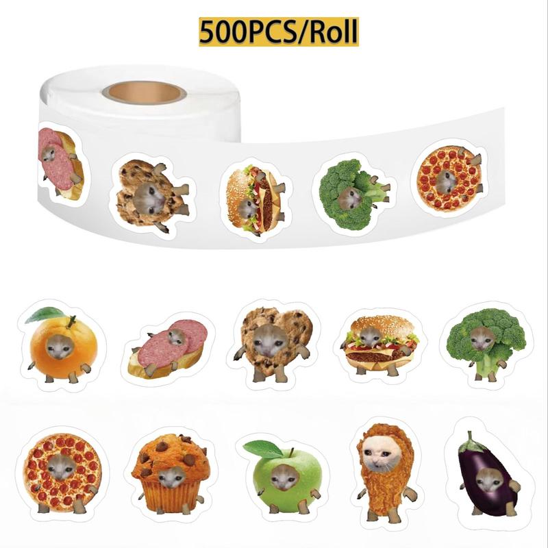 Cat & Food Pattern Sticker (500pcs roll), Cute Decorative Sticker for DIY Scrapbook, Journal, Gift Wrapping, Greeting Card