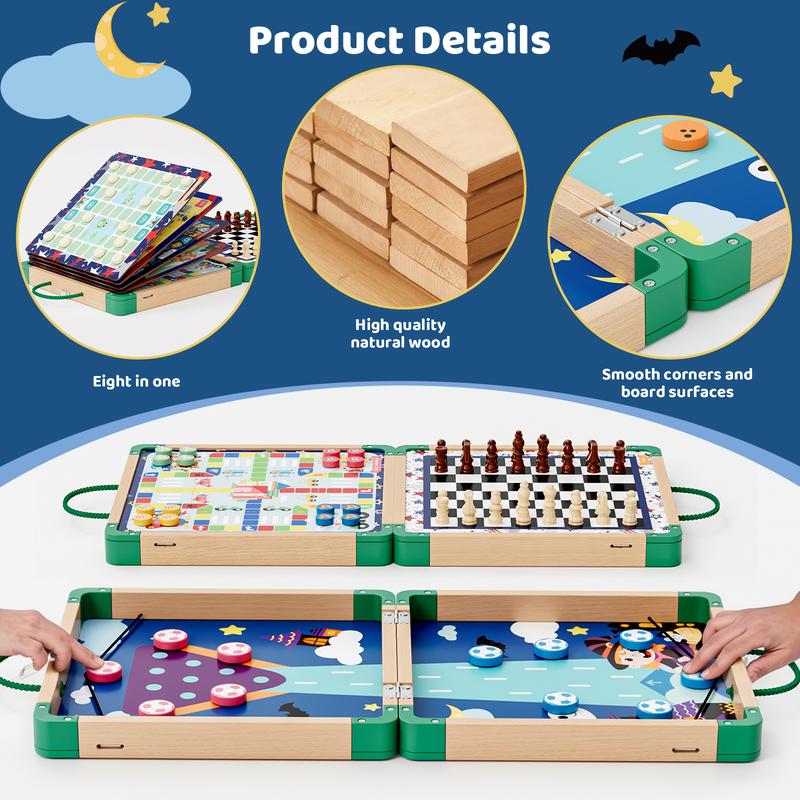 8 In 1 Wooden Board Game Set,Chess Set for Kids,Sling Puck Game,Board Games for Family Night,Travel Toys for Kids Chess Toy Board Table Game