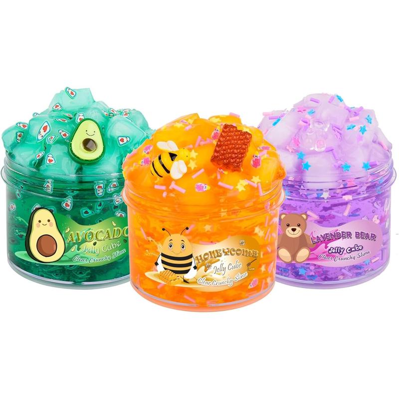 Keemanman Slime Kit - 3 Pack Jelly Cube Clear Crunchy Slime with Blue, Watermelon and Pineapple Charms, Preppy and Aesthetic Stuff, Cute Stress Toys and Cool Birthday Gifts Ideas for Girls and Boys