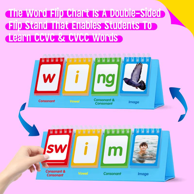 CVCC & CCVC Flip Charts, 40 Words Builder Phonic Games Freestanding Flip Chart Manipulative Spelling Toy Educational Learning Tool for Student Teacher School Supplies