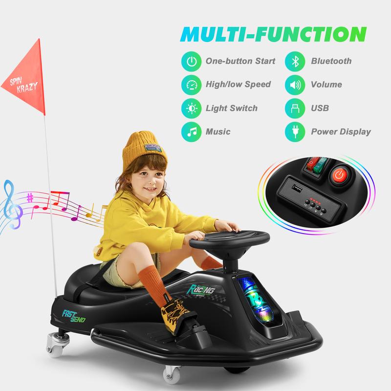 JOYLDIAS 360 Degrees Rotating Ride On Drift Car, 24V Electric Drifting Go Kart for Kids with High Low Speed, 24V Brushless Motor, Flashing Lights, Flag, Music, Bluetooth for Kids