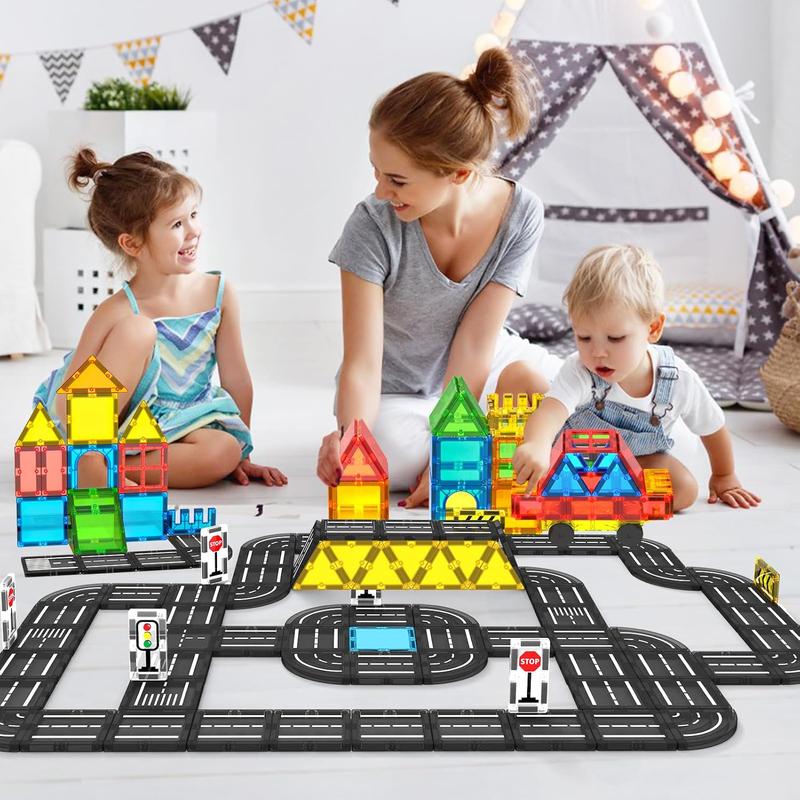 Christmas Magnetic Tiles Road Set, Magnet Tiles for Kids Ages 3-5 4-8 5-7, Magnetic Building Blocks Montessori Educational STEM Creativity Toys 3+ Year Old Boys & Girls Toddlers Kids Christmas Birthday Gifts