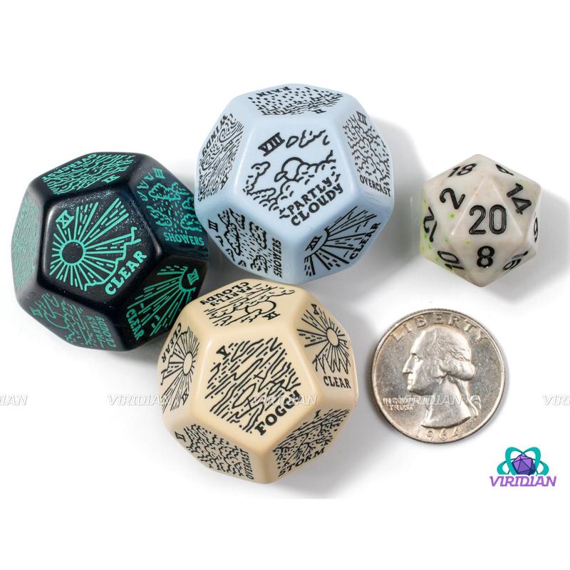 Weather Generator Die 2.0 | D&D Climate Dice, Sunny, Clear, Cloudy, Rainy, Storms, Improv, Tarot-Design, 30mm | Acrylic Giant D12 (1)