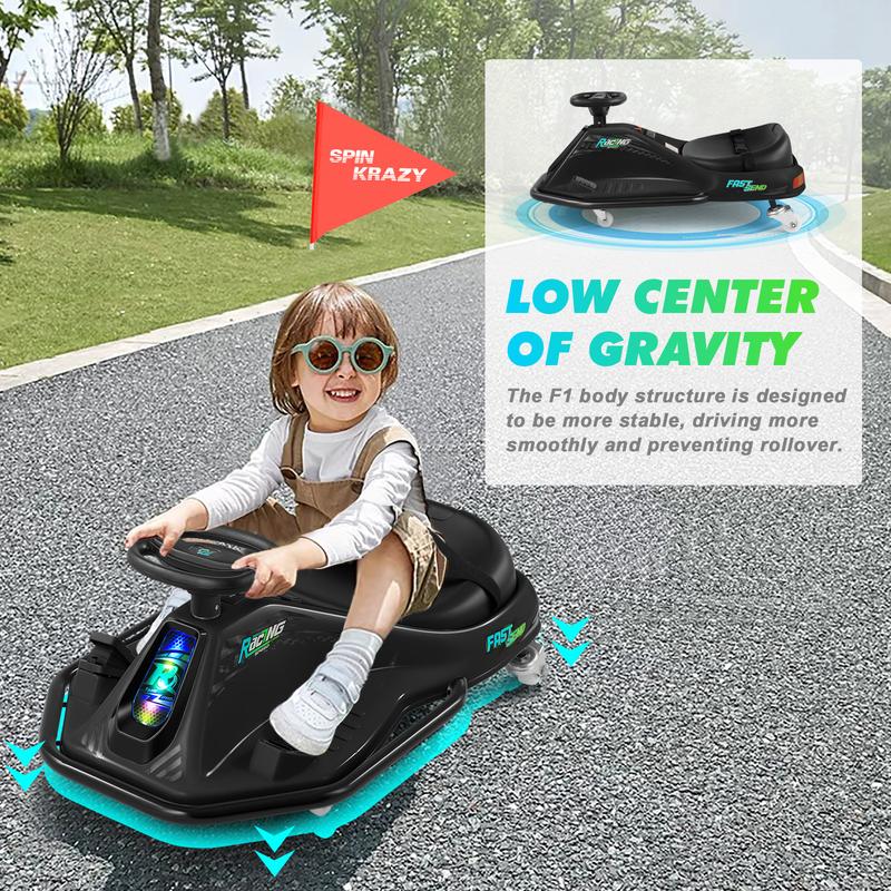 JOYLDIAS 360 Degrees Rotating Ride On Drift Car, 24V Electric Drifting Go Kart for Kids with High Low Speed, 24V Brushless Motor, Flashing Lights, Flag, Music, Bluetooth for Kids