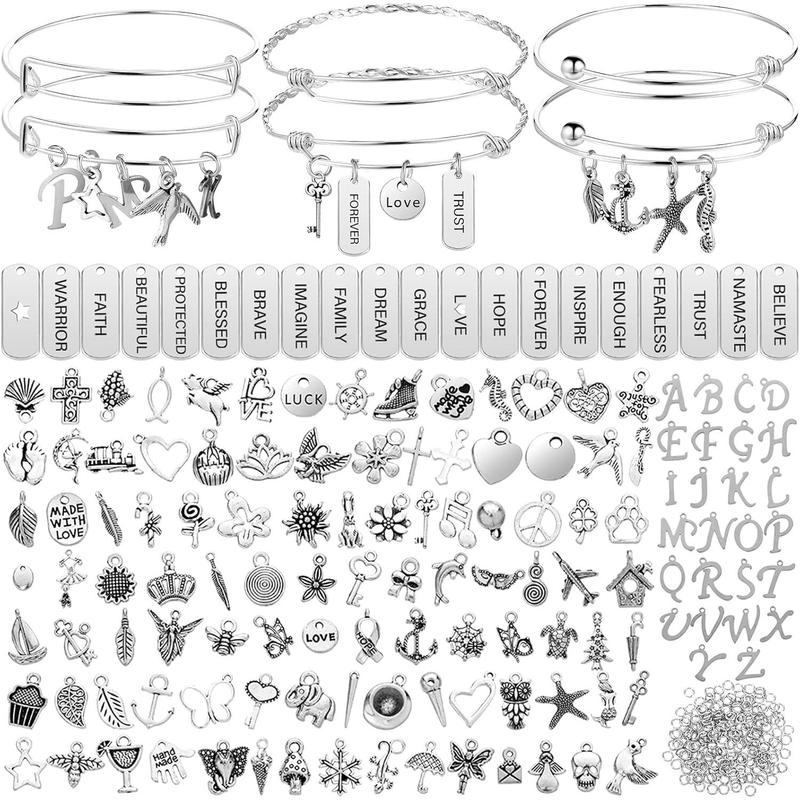 363 Pcs Charm Bracelet Making Kit Bangle Bracelets DIY Kit, 17 Pcs Silver Expandable Wire Bangles, 146 Pcs Charms Pendants, 200 Pcs Open Jump Rings for Christmas Women Jewelry Making