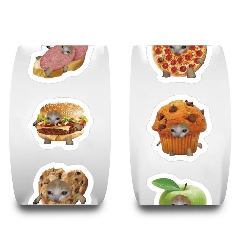 Cat & Food Pattern Sticker (500pcs roll), Cute Decorative Sticker for DIY Scrapbook, Journal, Gift Wrapping, Greeting Card