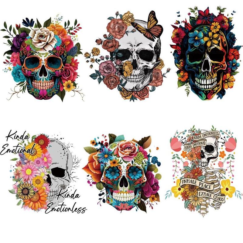 Skull & Floral Pattern Iron on Patches, 6 Counts set Halloween Heat Transfer Stickers for Diy T-shirt & Bag Decoration