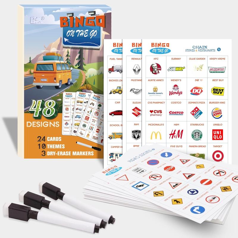 48 Designs 9 Themes Car Bingo and Road Trip Scavenger Hunt Game with 3 Markers for Kids, Fun Travel Activity for Kids Ages 3-8