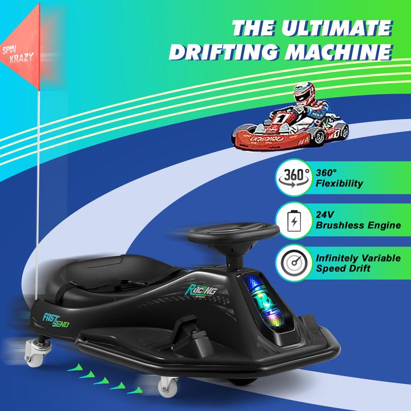 JOYLDIAS 360 Degrees Rotating Ride On Drift Car, 24V Electric Drifting Go Kart for Kids with High Low Speed, 24V Brushless Motor, Flashing Lights, Flag, Music, Bluetooth for Kids