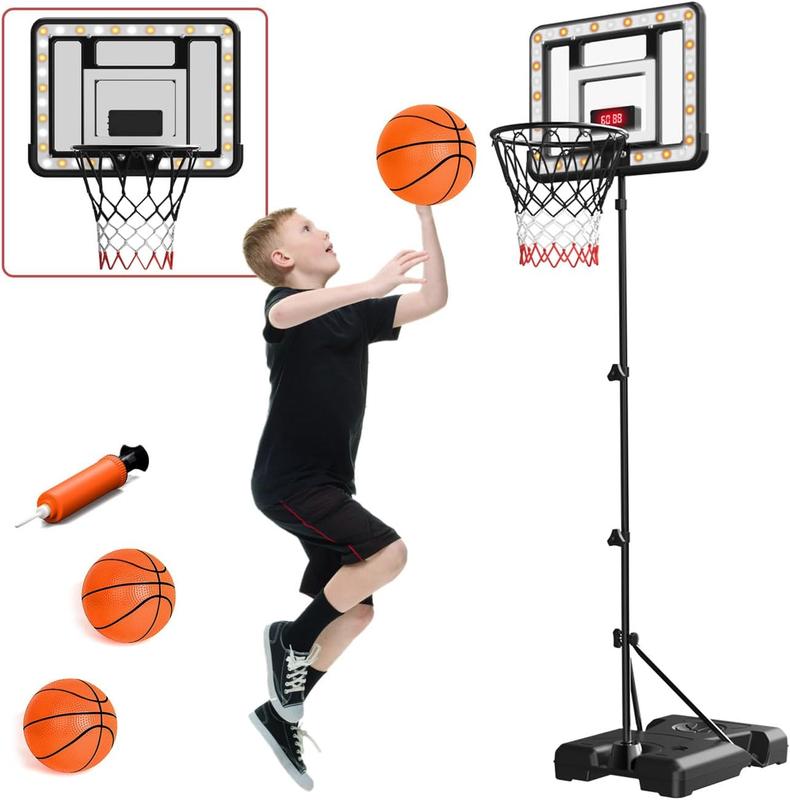 Basketball Hoop with Stand, 3.66-5.7 FT Adjustable Height Basketball Hoop with  Scoreboard and LED Light, Indoor Outdoor Backyard  Game Gifts Toys for 3 4 5 6 7 8