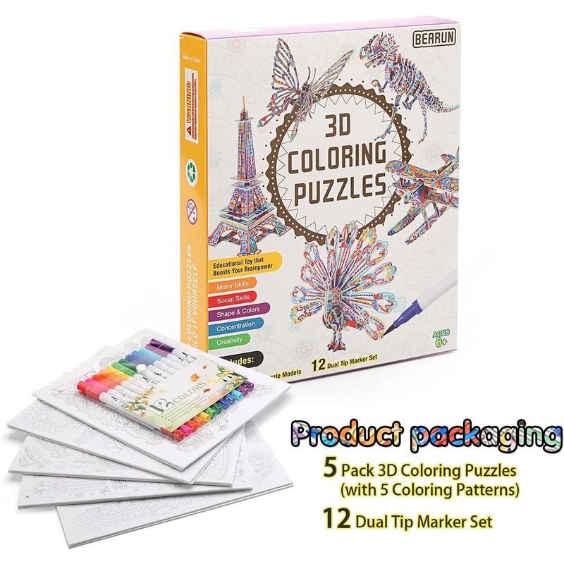 3D Coloring Puzzle Set, Arts and Crafts for Girls and Boys Age 6 7 8 9 10 11 12 Year Old, Fun Educational Painting Crafts Kit with Supplies for Kids, Birthday Toy Gift for Kids