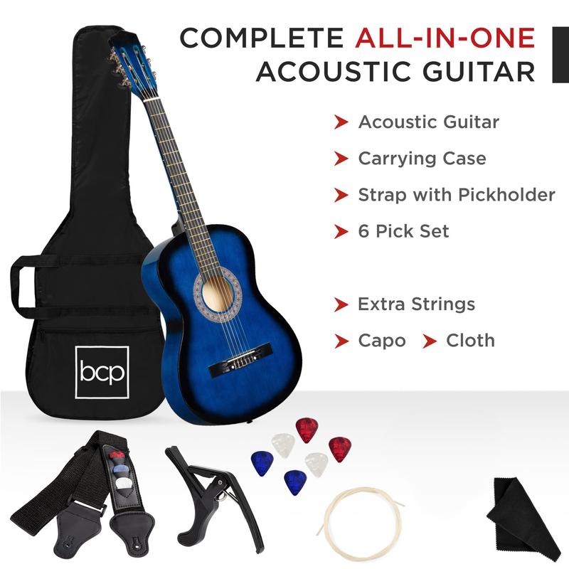 Beginner Acoustic Guitar Starter Kit w  Gig Bag, Strap, Strings - Blueburst - Zini US