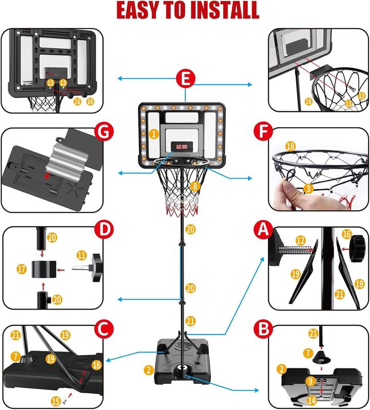 Basketball Hoop with Stand, 3.66-5.7 FT Adjustable Height Basketball Hoop with  Scoreboard and LED Light, Indoor Outdoor Backyard  Game Gifts Toys for 3 4 5 6 7 8