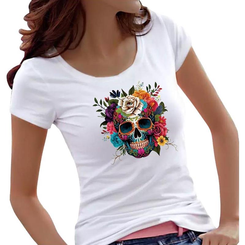 Skull & Floral Pattern Iron on Patches, 6 Counts set Halloween Heat Transfer Stickers for Diy T-shirt & Bag Decoration