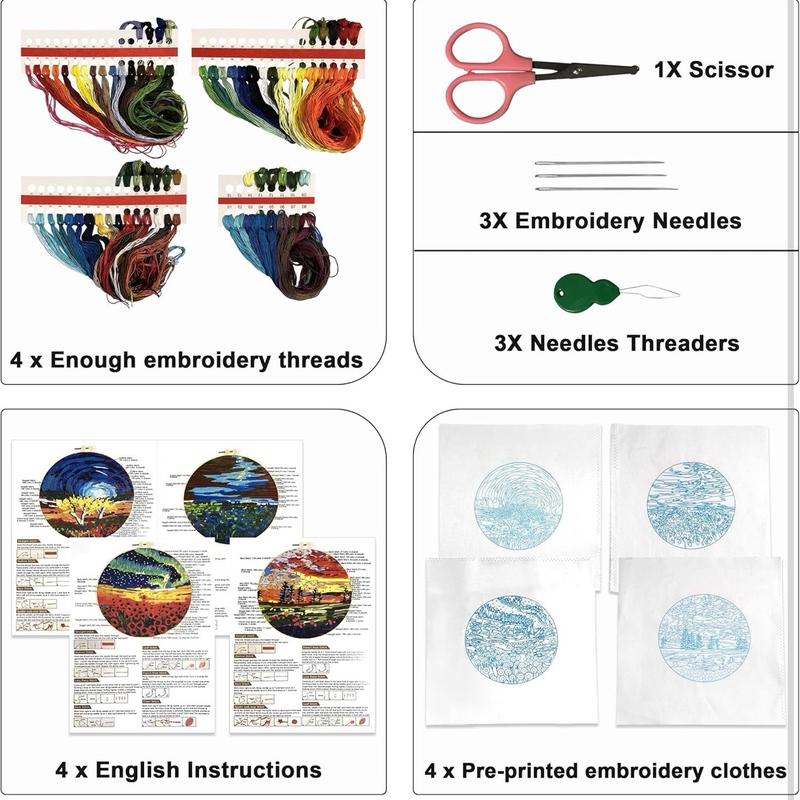 4 Pack Embroidery Starter Kit with Pattern, Stamped Cross Stitch Kits for Beginners Adults with Embroidery Hoop and Instructions, Hand Embroidery Kit (Embroidery kit flower2)