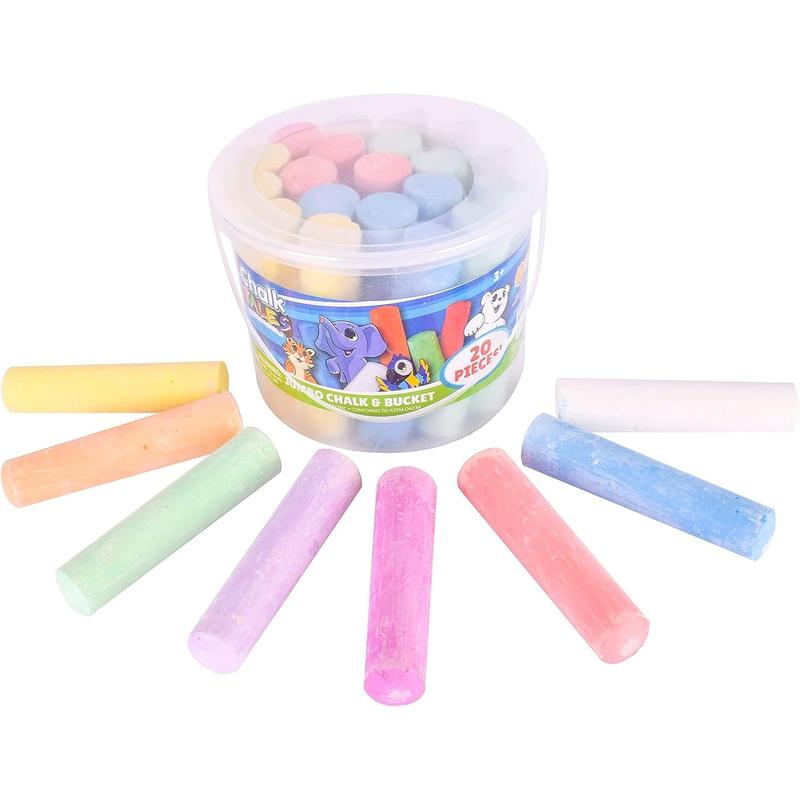 Sidewalk Chalk Set for Kids with Storage, Washable, Jumbo Colored Chalk for Outdoor Play and Chalkboard Art - Ages 3+ (20 Pieces, Multicolor)