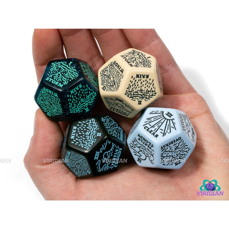 Weather Generator Die 2.0 | D&D Climate Dice, Sunny, Clear, Cloudy, Rainy, Storms, Improv, Tarot-Design, 30mm | Acrylic Giant D12 (1)