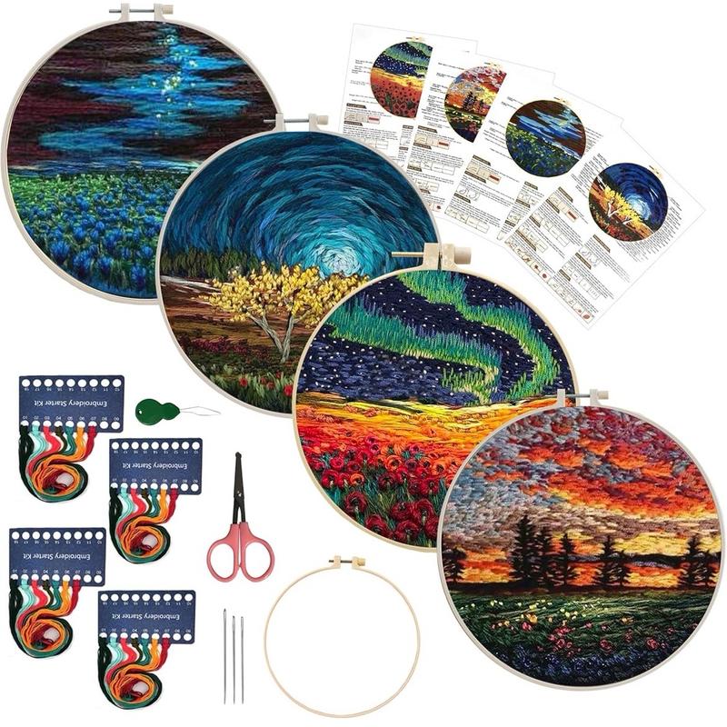 4 Pack Embroidery Starter Kit with Pattern, Stamped Cross Stitch Kits for Beginners Adults with Embroidery Hoop and Instructions, Hand Embroidery Kit (Embroidery kit flower2)