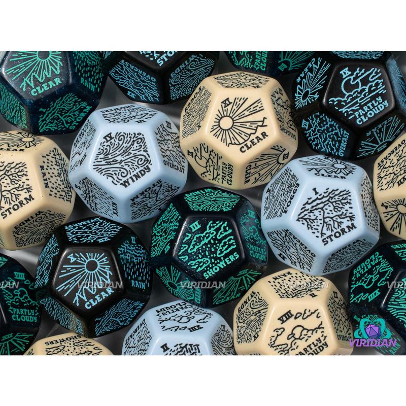 Weather Generator Die 2.0 | D&D Climate Dice, Sunny, Clear, Cloudy, Rainy, Storms, Improv, Tarot-Design, 30mm | Acrylic Giant D12 (1)