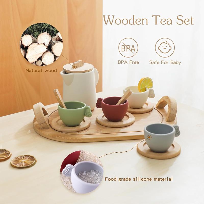 Christmas Gift Wooden Tea Party Set for Little Girls 14pcs Toddler Tea Set with Silicone Teapot Christmas Gift Cups Carrying  Pretend Play Wooden Toys